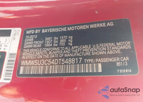 2013 Mini Hardtop Cooper из США, поврежденный, VIN WMWSU3C54DT548817